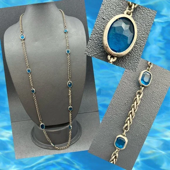 Chicos Long Necklace As Is Silver Chain Teal Blue Faceted Bezel Bead Retro BoHo - Picture 1 of 12
